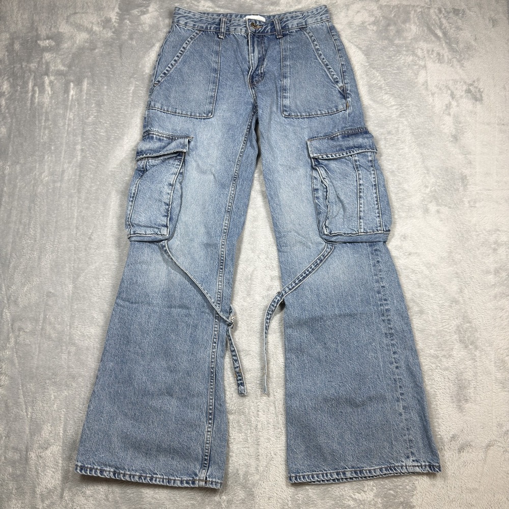 Zara Jeans Women 4 Light Blue Cargo Wide Leg Flare D-Ring Strap‎ Pockets Y2K